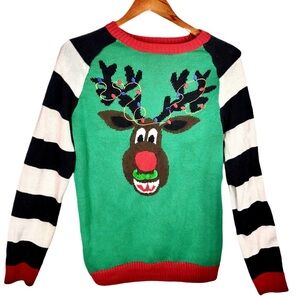UGLY CHRISTMAS SWEATER Green Women’s Medium Reindeer with Mustache‎ Stripes